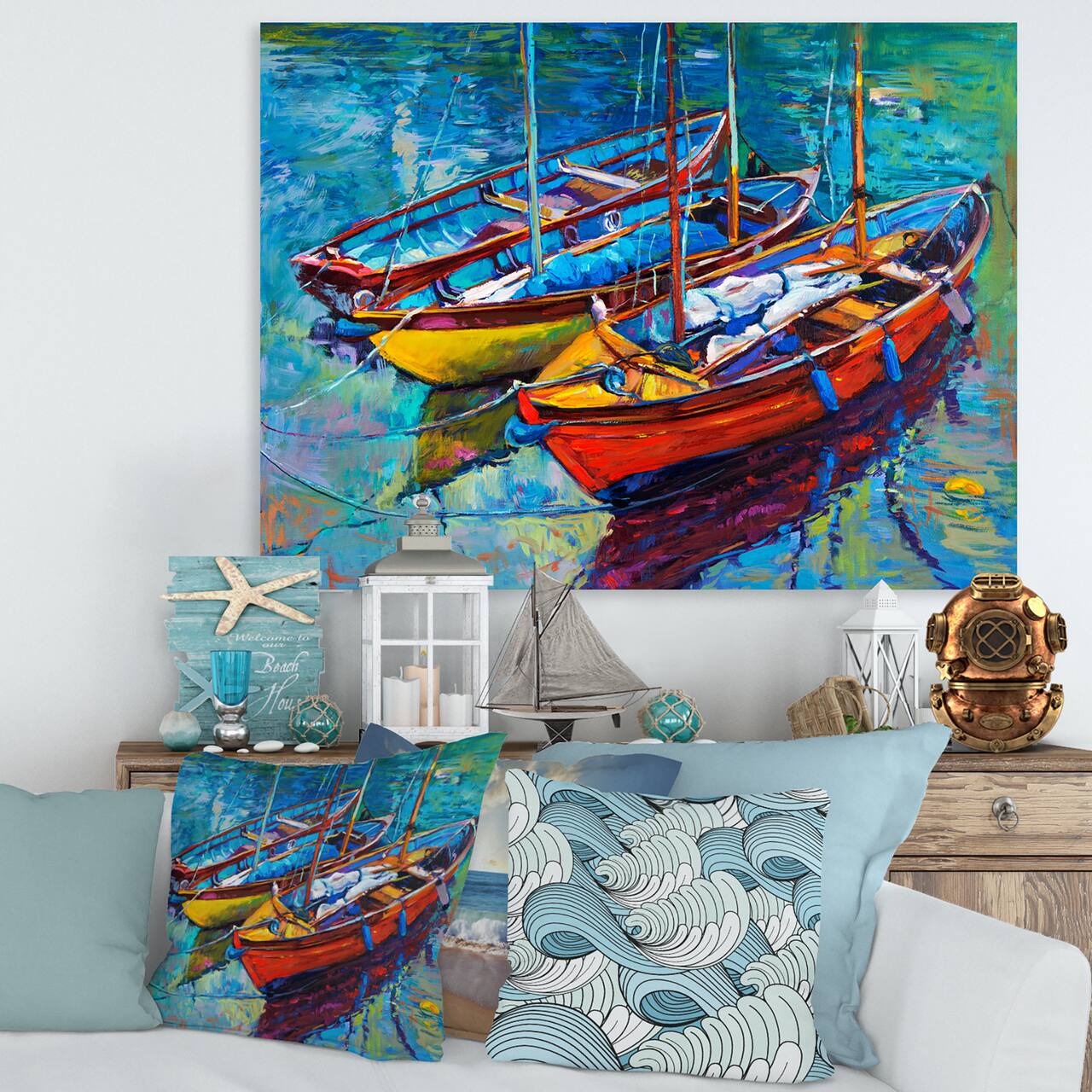 Designart - Three Boats In The Harbor - Nautical & Coastal Canvas Wall Art Print